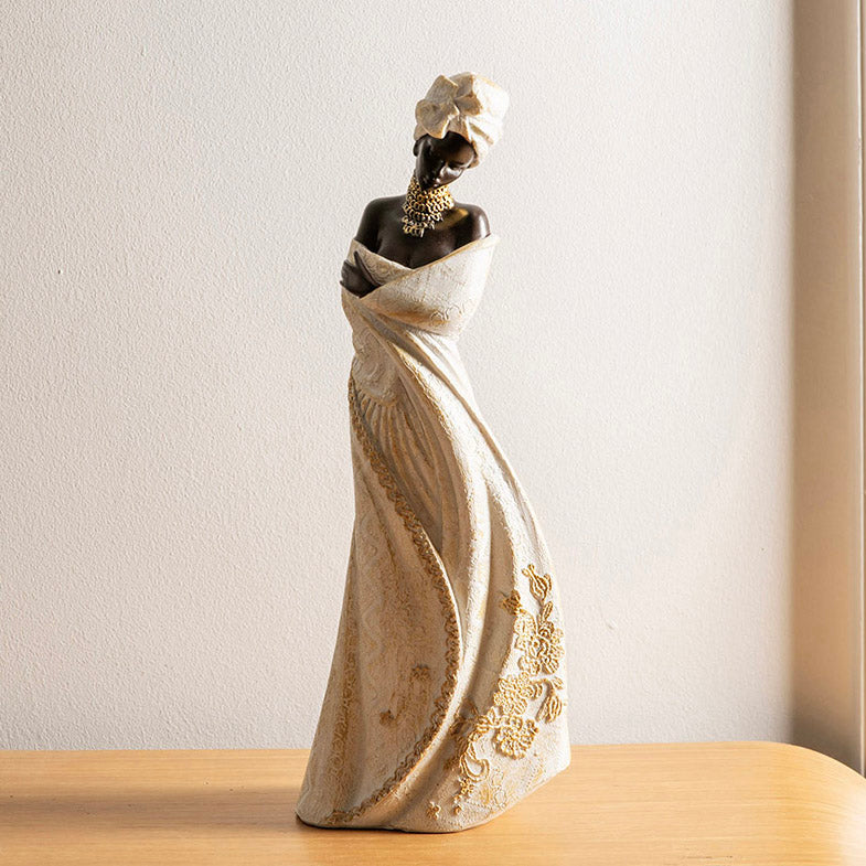 African Lady Standing Statue Wrapped Arms White/Gold 37cm – Karma Living