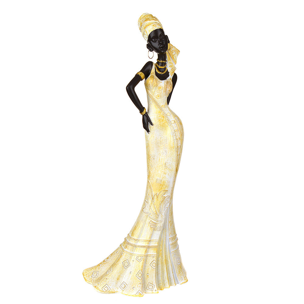STATUE African Lady Standing Gold/White 45x17.5cm
