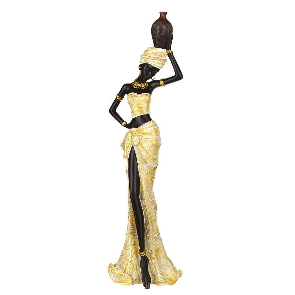 STATUE African Lady Standing with Jug Gold/White 49x14cm