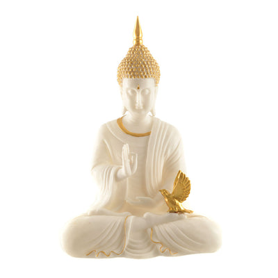 Buddha Statue Sitting One Hand Prayer White & Gold 34.5cm