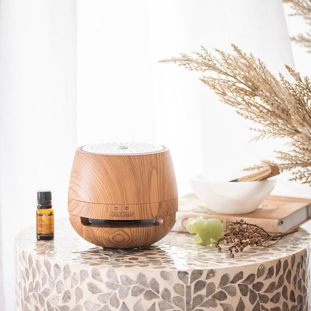 Rechargeable White & Wood Grain Diffuser With Bluetooth Speaker - Karma Living