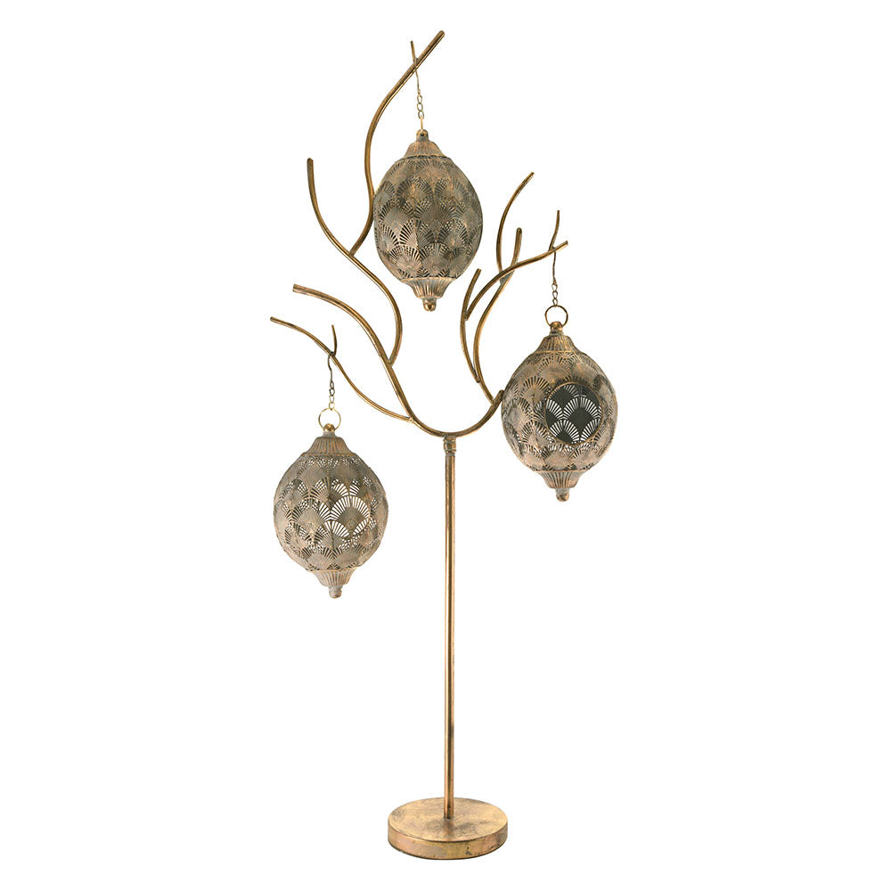 Metal Lantern Tree Three Branches Gold 130cm