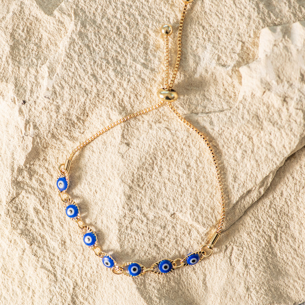 Beaded Brass Bracelet with Blue Evil Eyes