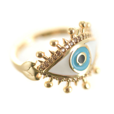 Large Evil Eye Brass Adjustable Ring White