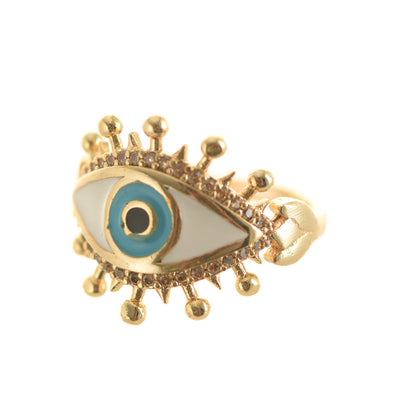 Large Evil Eye Brass Adjustable Ring White