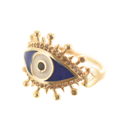 Large Evil Eye Brass Adjustable Ring Dark Blue