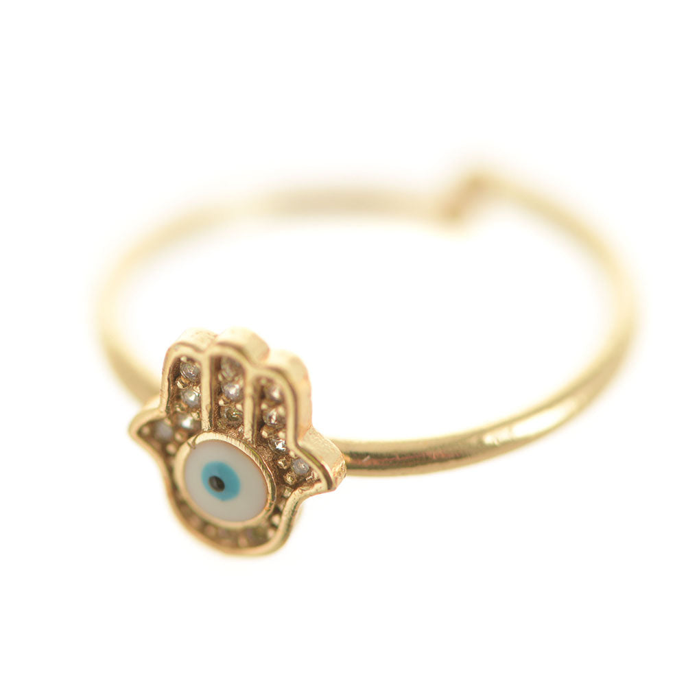 Evil Eye Hamsa Brass Adjustable Ring White