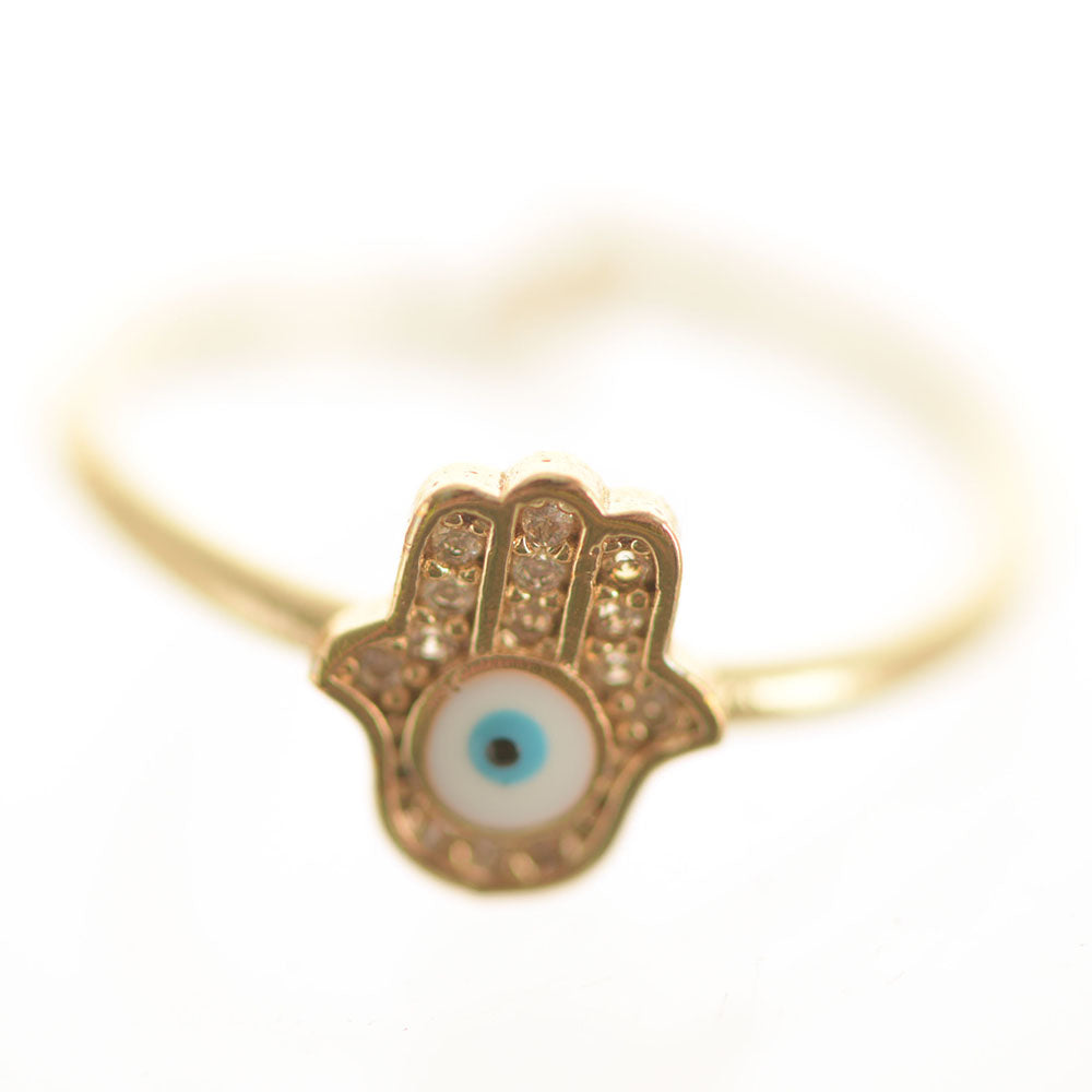 Evil Eye Hamsa Brass Adjustable Ring White