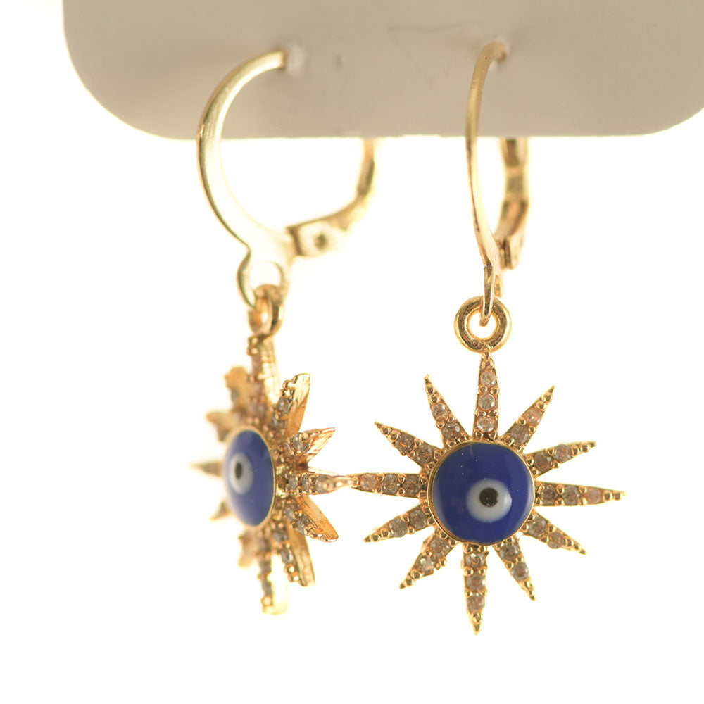 Brass Evil Eye Star Earrings Dark Blue