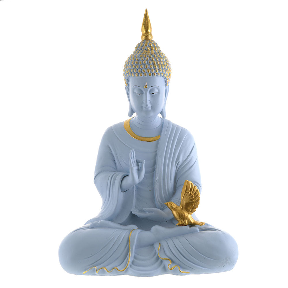 Buddha Sitting One Hand Prayer Statue Blue & Gold 34.5x24cm