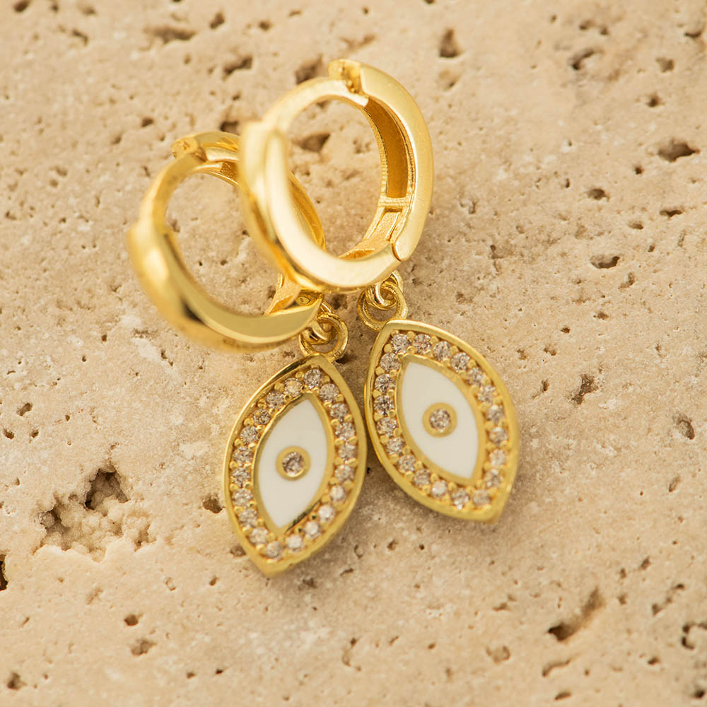 White Evil Eye Earrings Silver Gold Coated