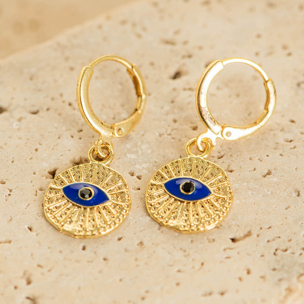 Brass Round Evil Eye Charm Earrings Gold Coated