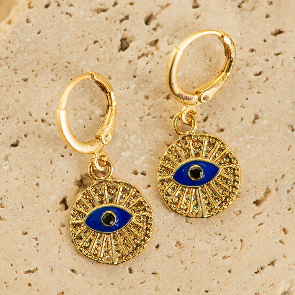 Brass Round Evil Eye Charm Earrings Gold Coated