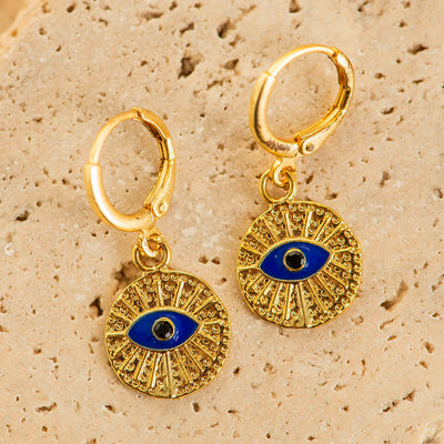 Brass Round Evil Eye Charm Earrings Gold Coated