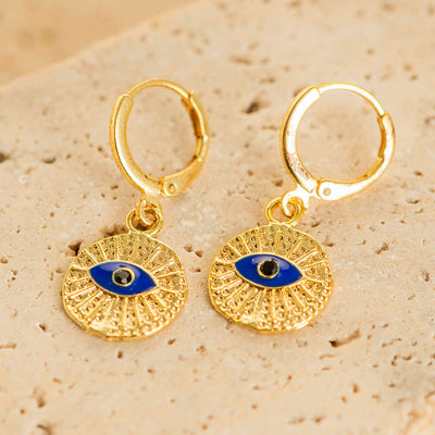 Brass Round Evil Eye Charm Earrings Gold Coated