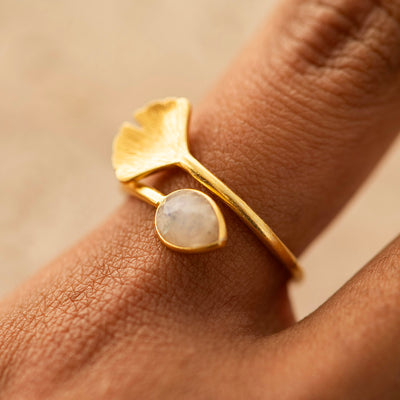 Moonstone and Gingko Leaf Ring Silver Gold Plated Adjustable