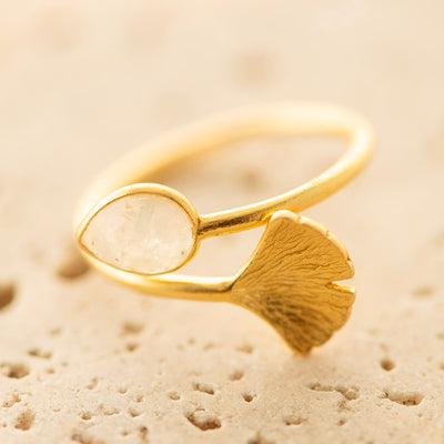 Moonstone and Gingko Leaf Ring Silver Gold Plated Adjustable