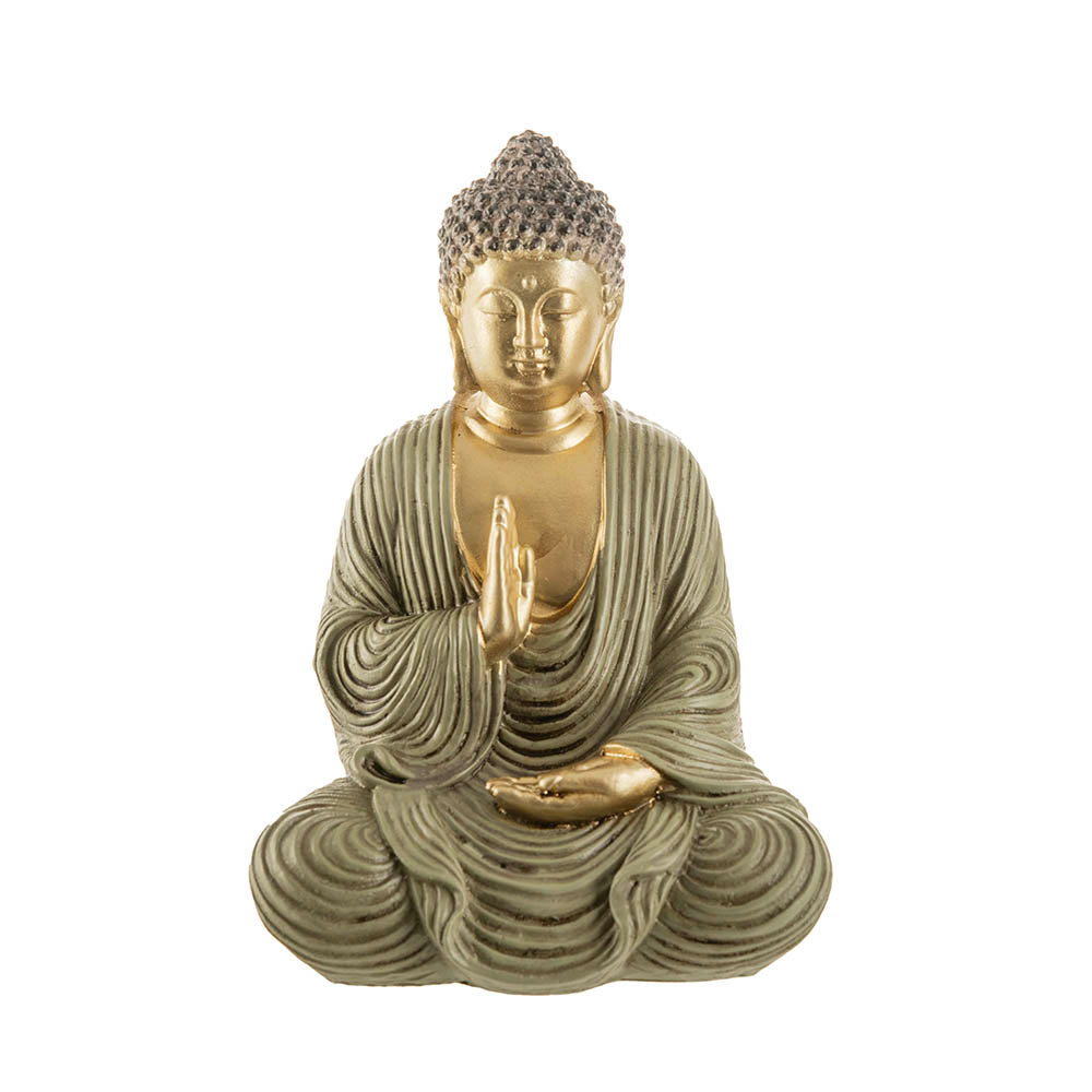 Buddha Sitting One Hand Prayer Statue Gold & Olive 17x12cm