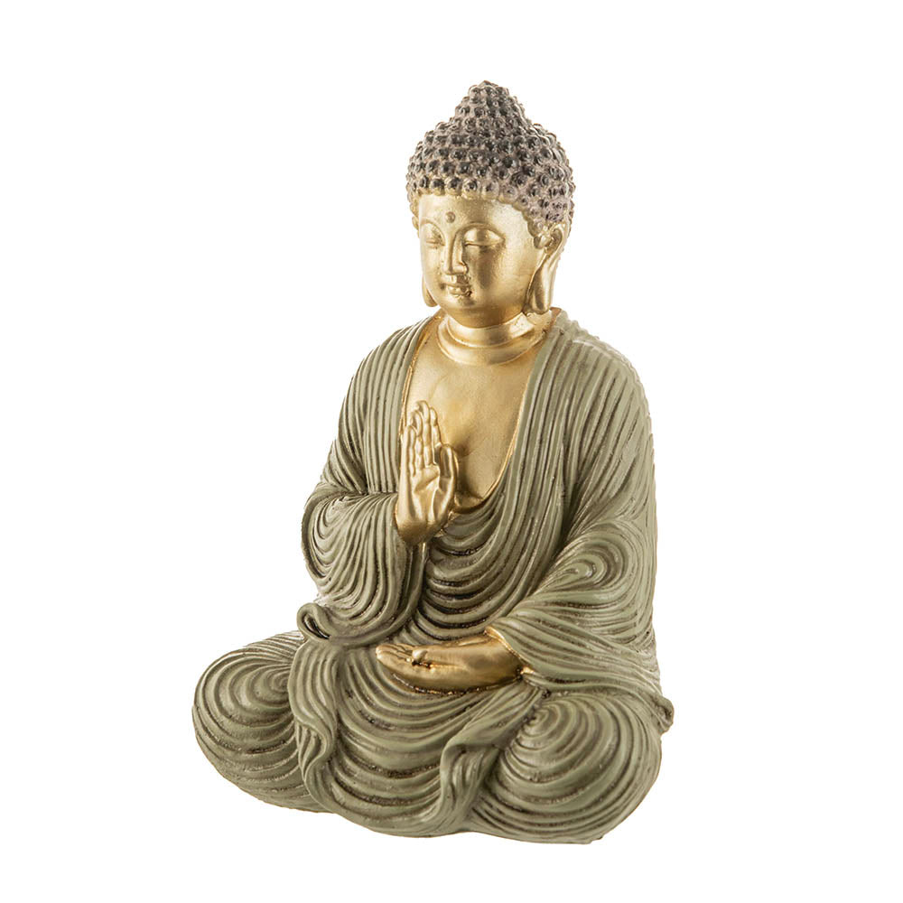 Buddha Sitting One Hand Prayer Statue Gold & Olive 17x12cm