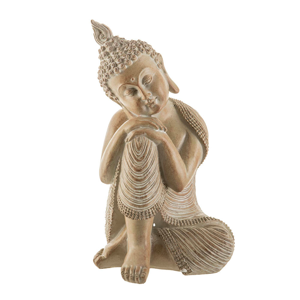 Buddha Sitting Head On Knee Statue Woodgrain 23x14cm
