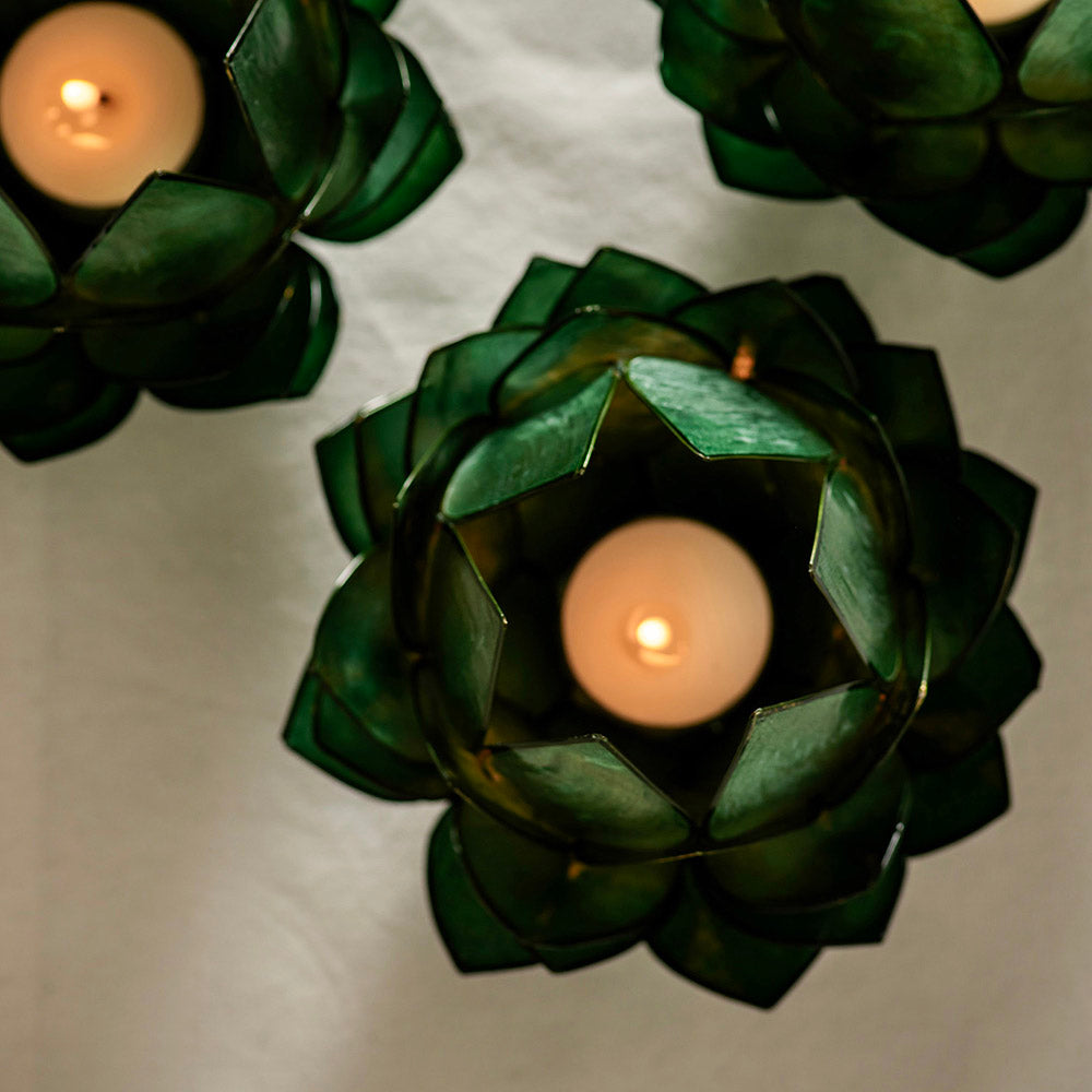 Capiz Lotus Tealight Holder Dark Green