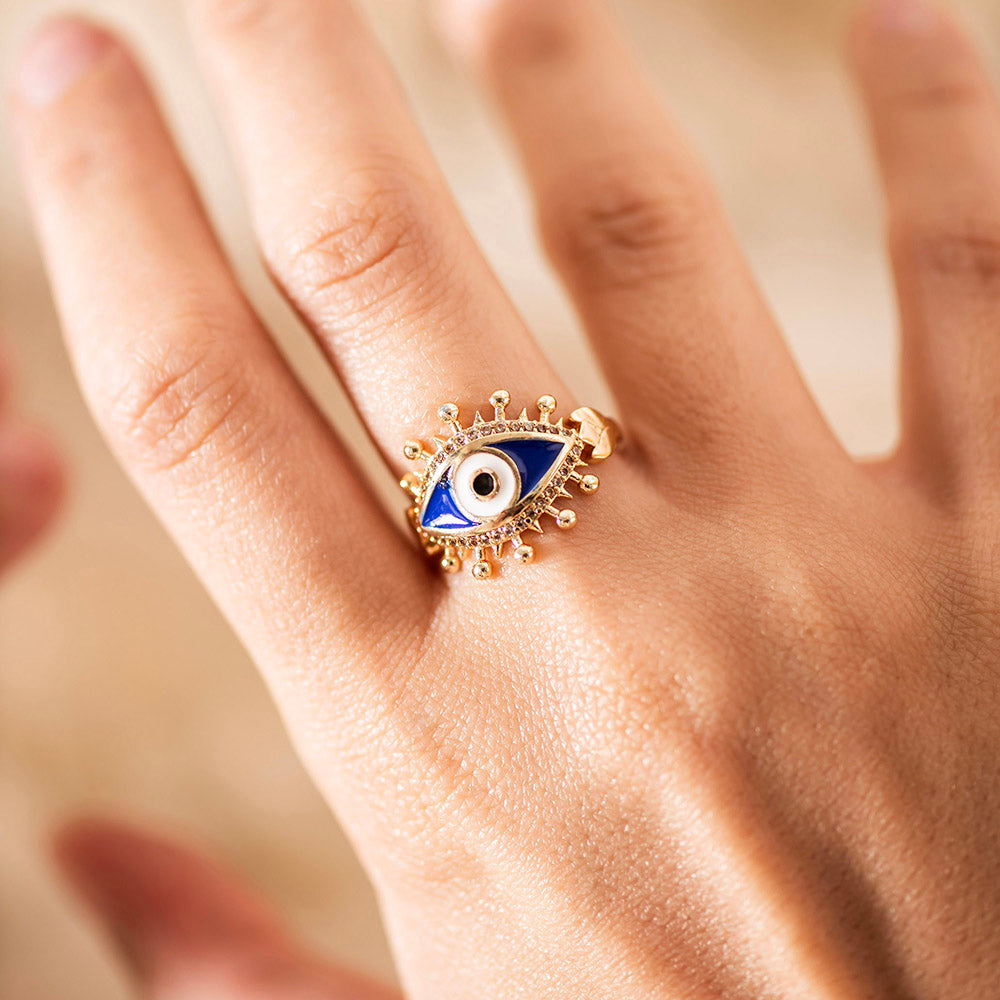 Large Evil Eye Brass Adjustable Ring Dark Blue