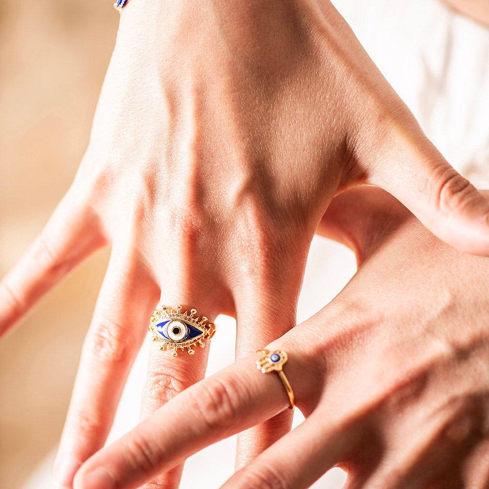 Large Evil Eye Brass Adjustable Ring Dark Blue