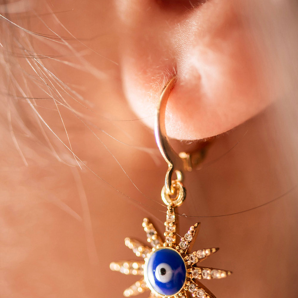 Brass Evil Eye Star Earrings Dark Blue