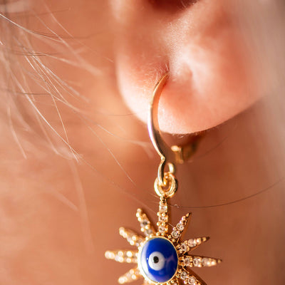 Brass Evil Eye Star Earrings Dark Blue