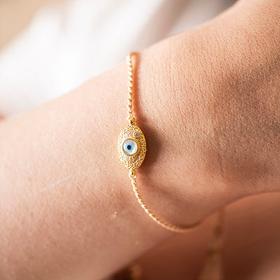 Evil Eye Brass Bracelet on Gold Rope