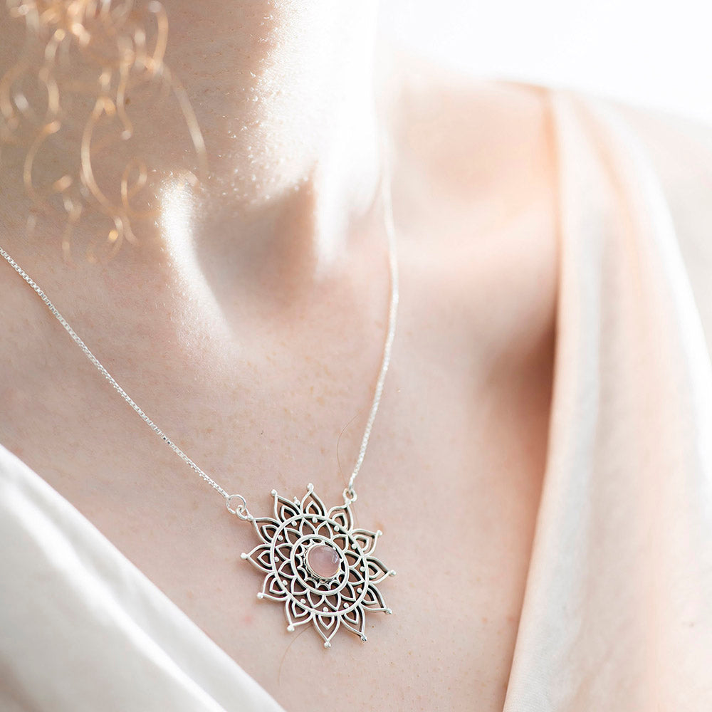 Mandala Rose Quartz Silver Necklace