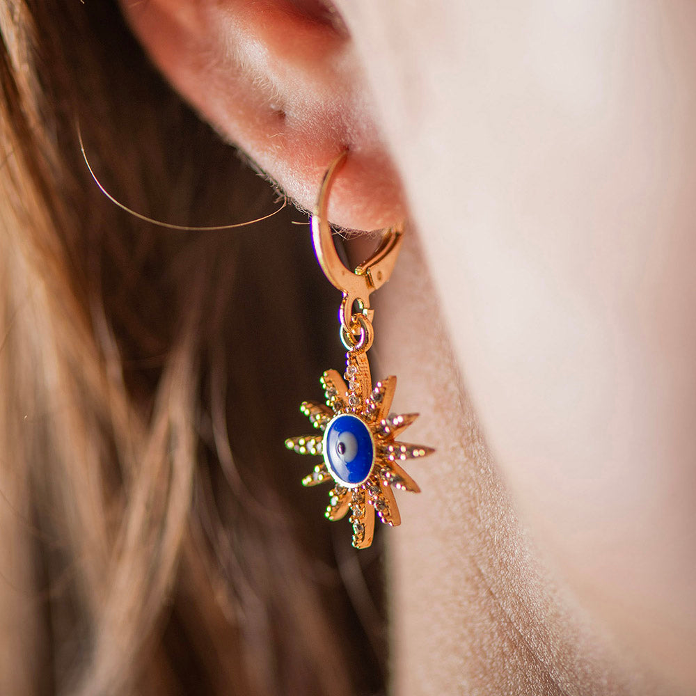Brass Evil Eye Star Earrings Dark Blue
