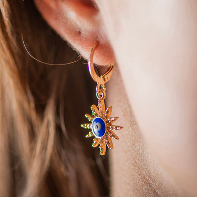 Brass Evil Eye Star Earrings Dark Blue