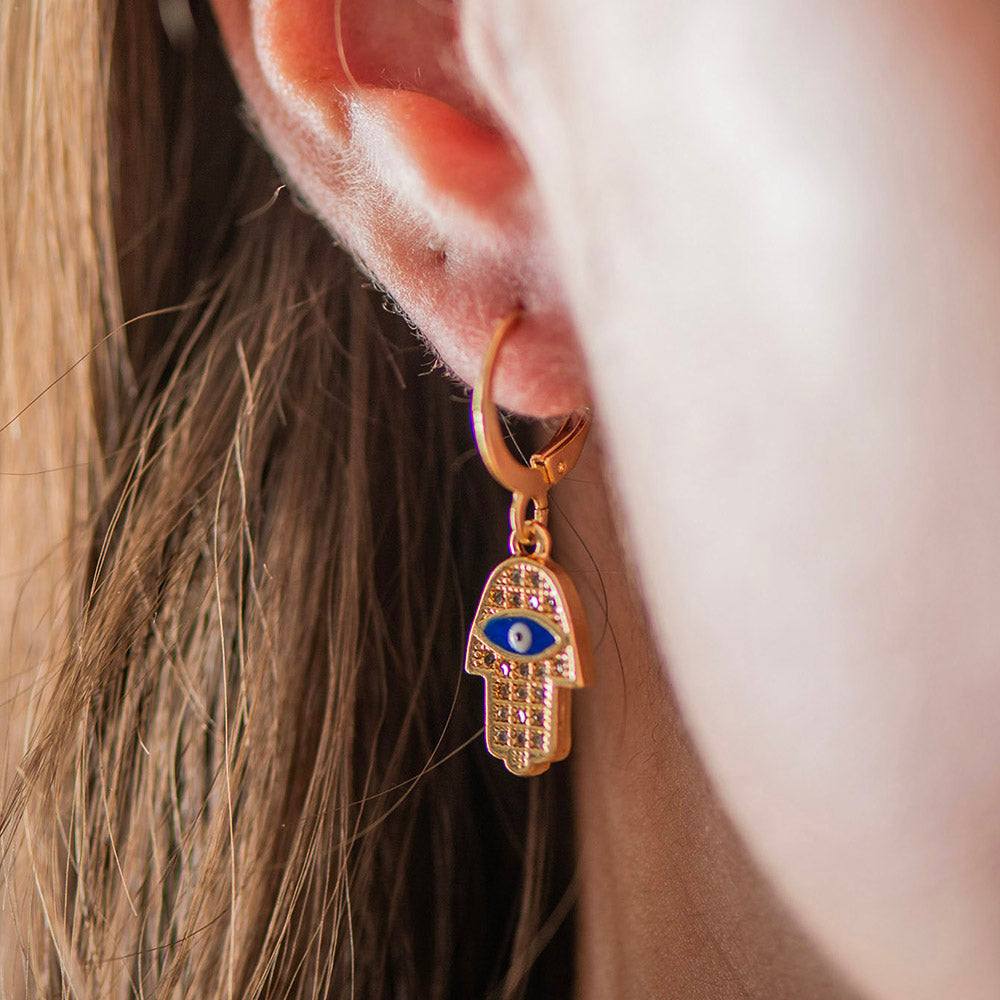 Brass Evil Eye Earrings Dark Blue