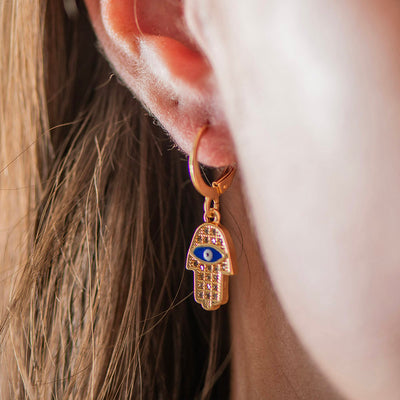 Brass Evil Eye Earrings Dark Blue