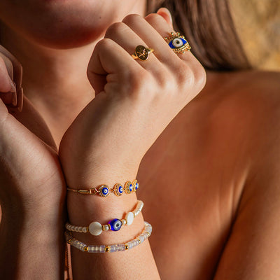 Bracelet Beaded Clear With Evil Eye Charm