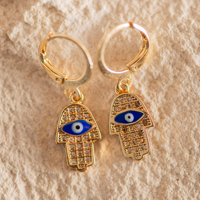 Brass Evil Eye Earrings Dark Blue