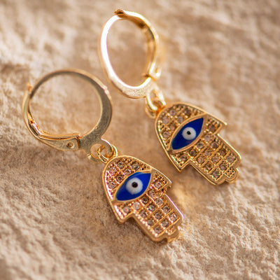 Brass Evil Eye Earrings Dark Blue
