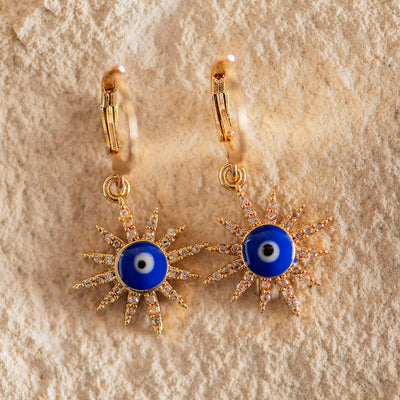 Brass Evil Eye Star Earrings Dark Blue