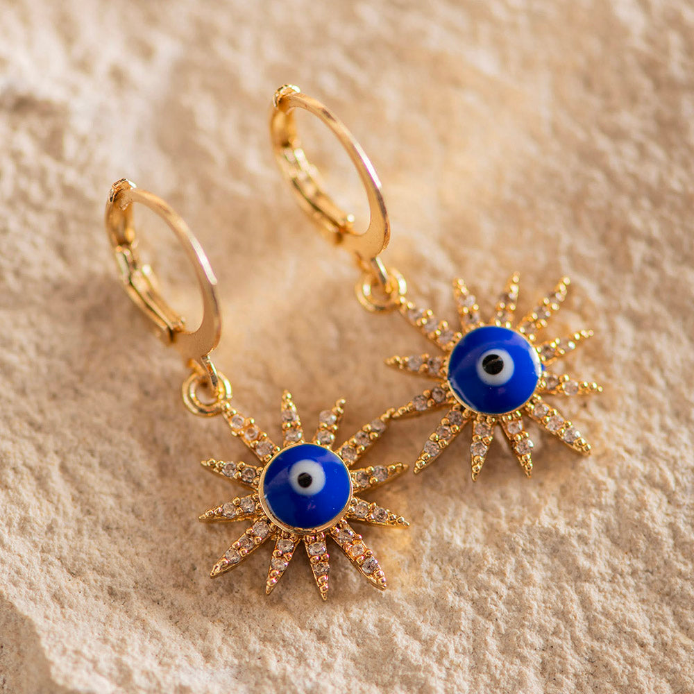 Brass Evil Eye Star Earrings Dark Blue