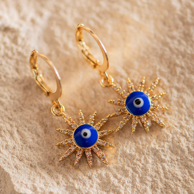 Brass Evil Eye Star Earrings Dark Blue