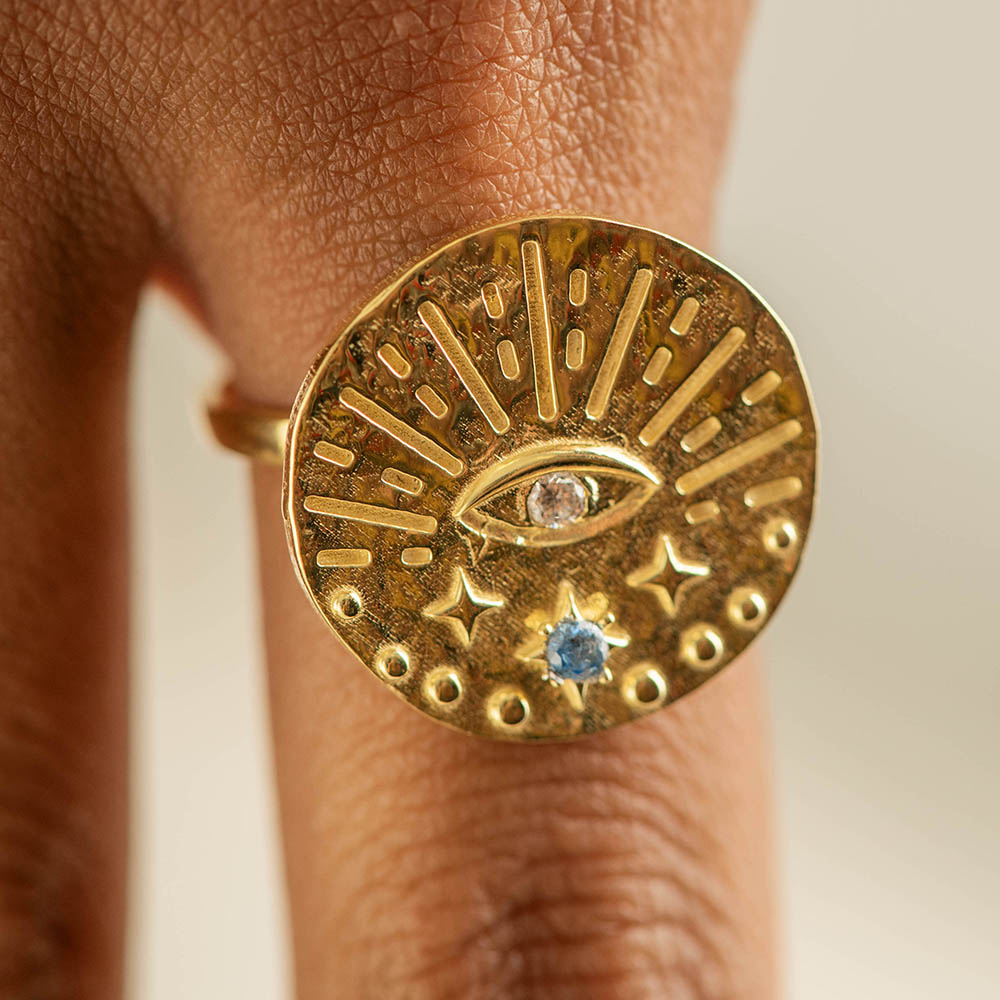 Round Evil Eye with CZ Ring Silver Gold Coated