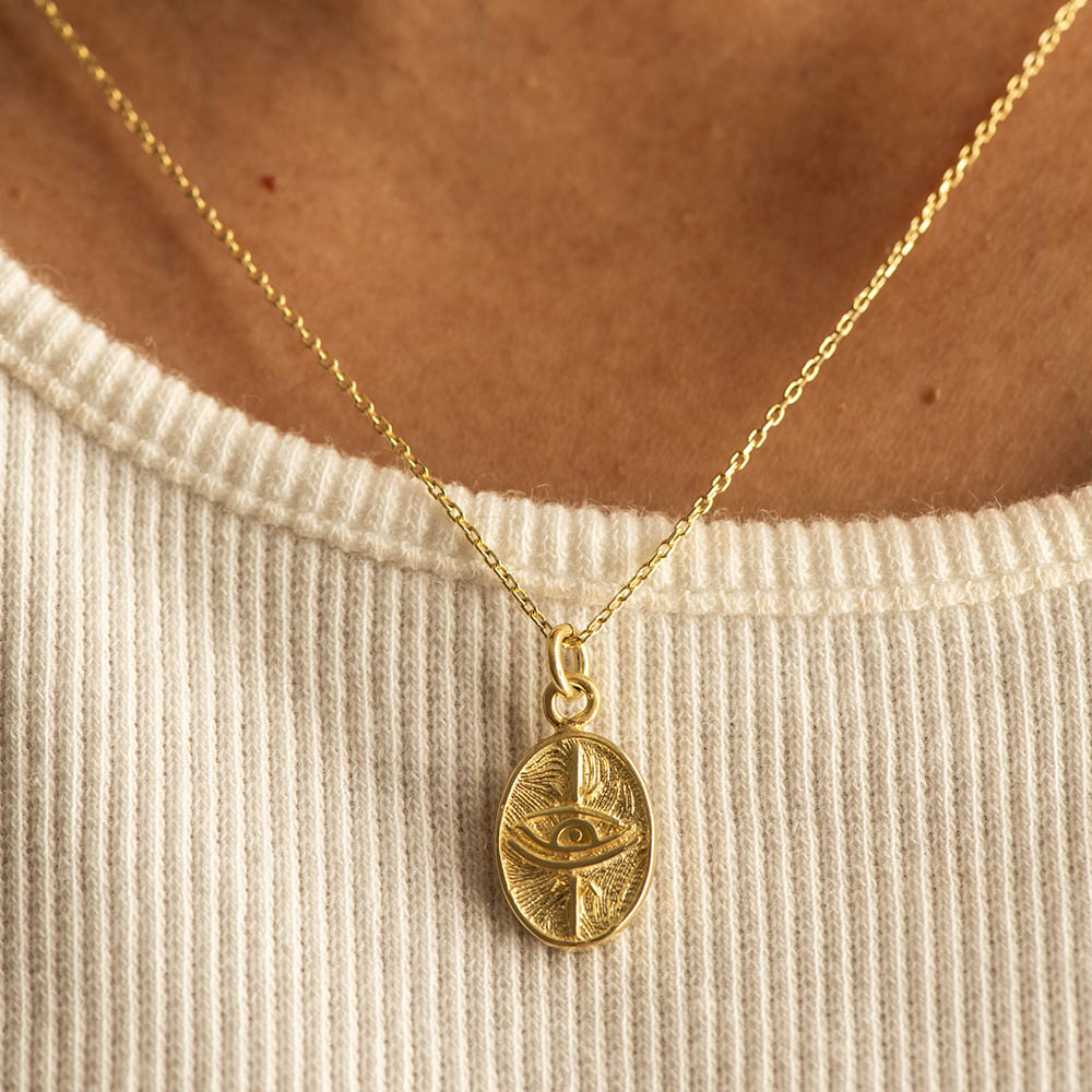 Oval Evil Eye Pendant Necklace Silver Gold Coated