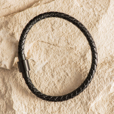 Men's Leather Bracelet Thin Band Black