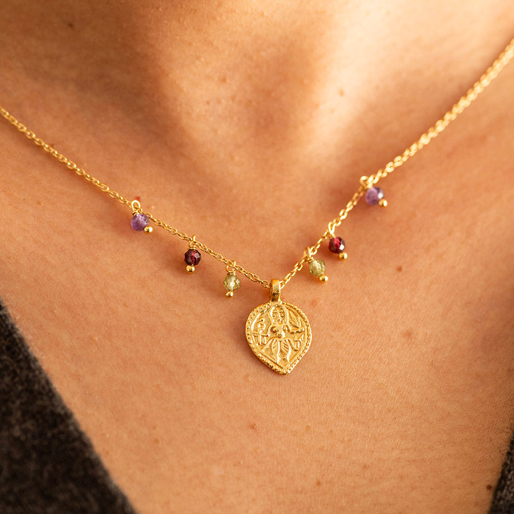 Amethyst Peridot Garnet Charms Necklace Gold Plated