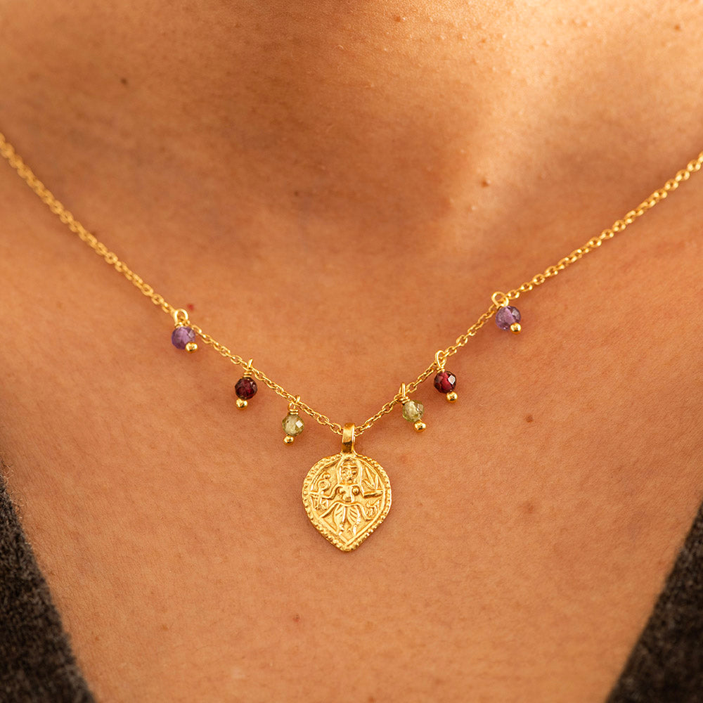 Amethyst Peridot Garnet Charms Necklace Gold Plated