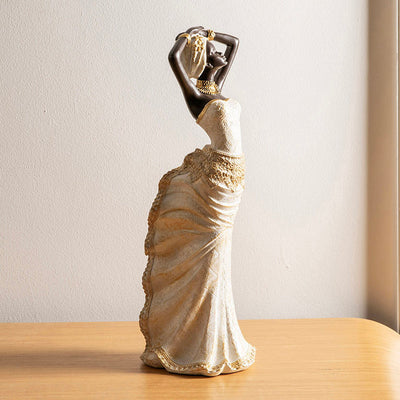 African Lady Statue Standing Arms Up White/Gold 37cm