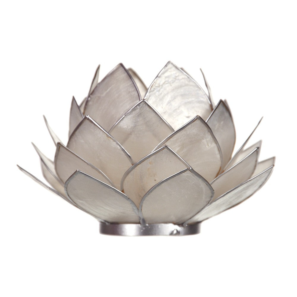 Capiz Lotus Tealight Holder White with Silver Trim - Karma Living