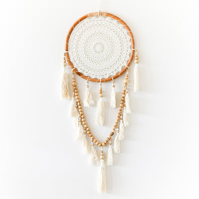 WALL HANGING Crochet White/Tan Hanging Tassles Beads 33x93cm