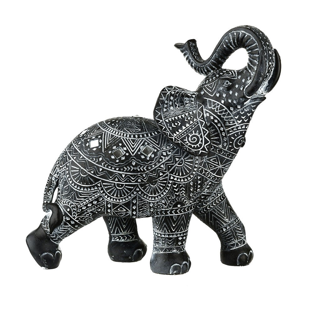 Elephant with Trunk Up Statue Black & White 27.5cm - Karma Living